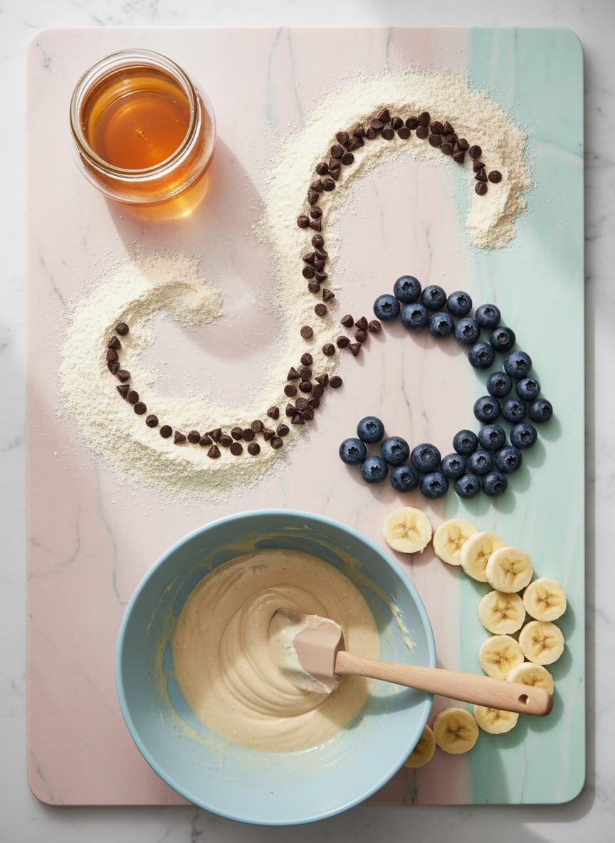 A whimsical flat lay of healthy baking ingredients arranged in curvy, swirling paths across a pale pastel cutting board: a rounded glass jar of golden honey, a small mountain of oat flour, scattered dark chocolate chips, plump blueberries, and neatly sliced banana coins. A soft blue ceramic mixing bowl with a rubber spatula dipped in thick, glossy batter anchors the scene. Overhead natural window light creates a bright, airy feel with gentle shadows that echo the rounded shapes. The composition feels playful and energetic, with ingredients forming looping lines that guide the eye. Shot from a true top-down bird’s-eye view with sharp focus throughout, the photographic style is crisp yet warm, emphasizing texture and color for a fun, low-calorie dessert-in-progress vibe.