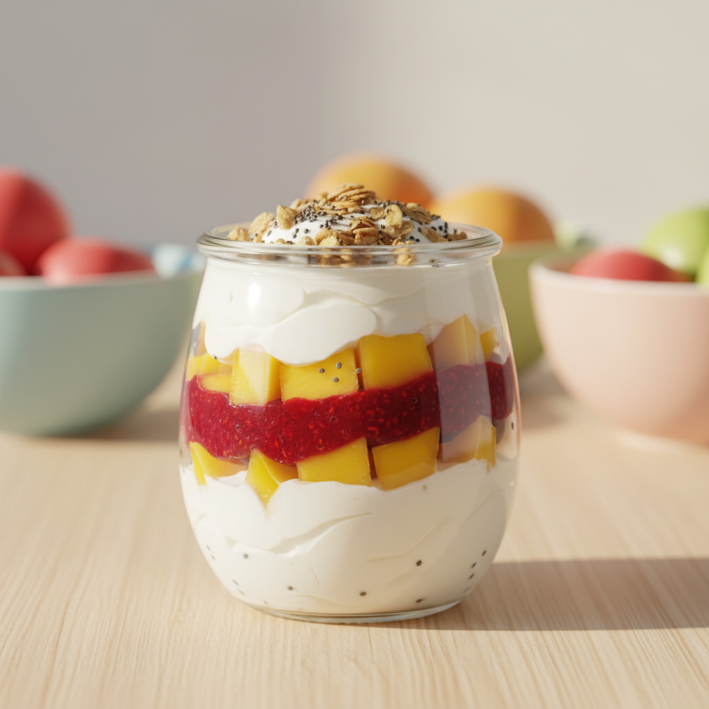 A cheerful glass jar layered with a vibrant low-calorie parfait is centered on a light wooden surface: swirls of creamy yogurt, ruby raspberry puree, and sunny mango cubes stacked in playful, rounded bands. Crisp granola clusters and tiny chia seeds sprinkle the top like confetti. Behind it, blurred, rounded fruit bowls in pastel colors hint at more fresh ingredients. Soft afternoon light streams from the right, creating luminous highlights on the glass and juicy fruit, with curved, gentle shadows that echo the site’s playful personality. Captured at eye level with a slight three-quarter turn, the jar feels almost within reach, while a shallow depth of field keeps the focus on the parfait’s layers. The mood is bright, optimistic, and delightfully indulgent yet healthy, rendered in clean, photographic realism.